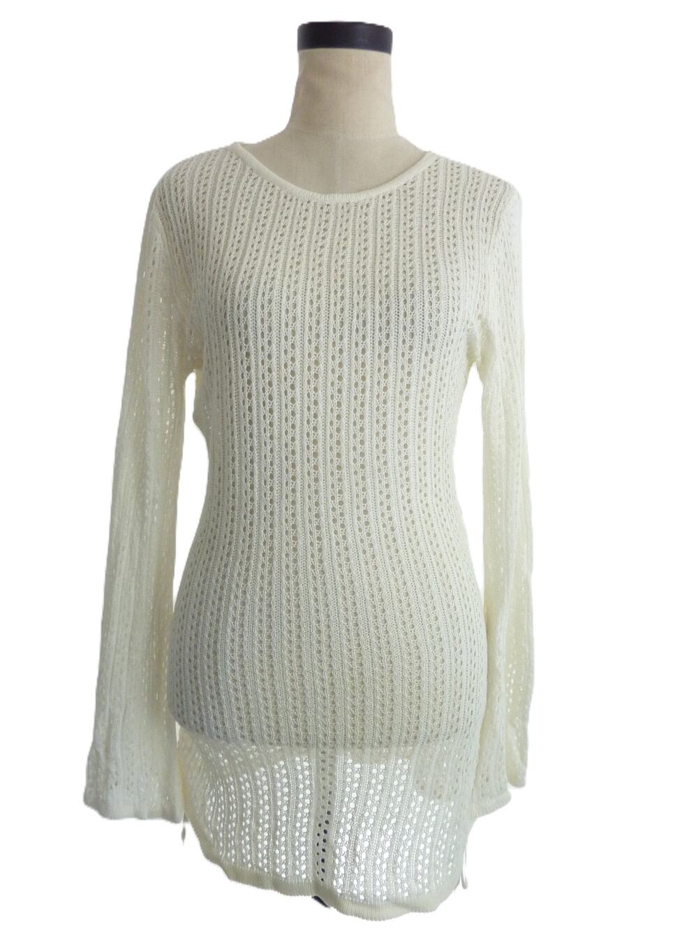 Womens S White Viscose Crochet Knit Swim Cover Up Long Sleeve Beach Dress - Picture 1 of 8